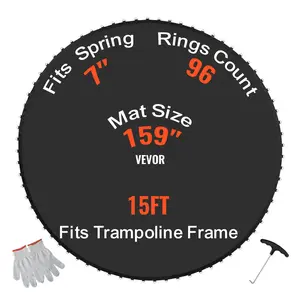 VEVOR Replacement Trampoline Mat, Jumping Mat Fits 15ft Frame, Universal Jumping Mat for 15ft Round Trampoline, Reinforce UV-Resistant Mat with Spring Tool & Durable V-Rings, Fit 7" Spring Length