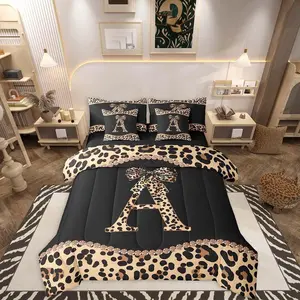 Letter Initial Comforter Bed Set with African Cheetah Bow Leopard Print Bed Bag,Girls Women Adults Modern Coquette Bow 7 Piece Bedding Set,Leopard Bed Set