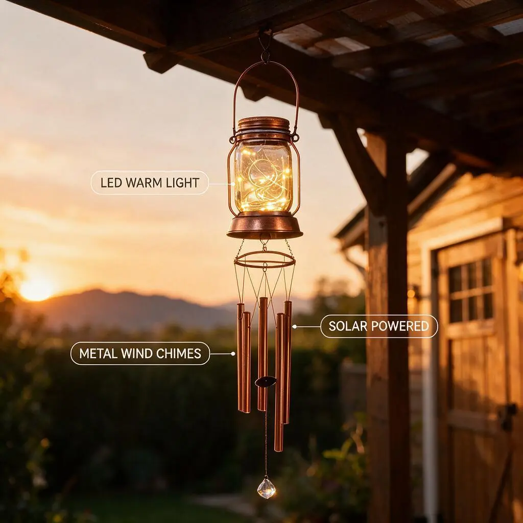 【Summer Vibes】Durable Metal Solar Wind Chimes Hanging Light - Outdoor Garden Decor for Yd, Patio, Pathway Landscaping - Solar Wind Chimes for Outside, Decorative Wind Chime
