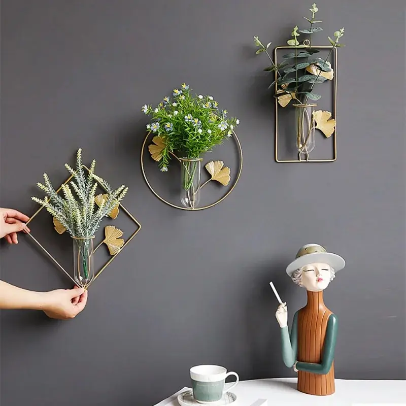 Lightweight Wall-Hung Decorative Vase - Modern Creative Plastic Vessel with Stainless Steel Frame, Metallic Hexagonal Flower Vase, Green Home Decor for Living Room & Nordic Spaces, Decorative Vases