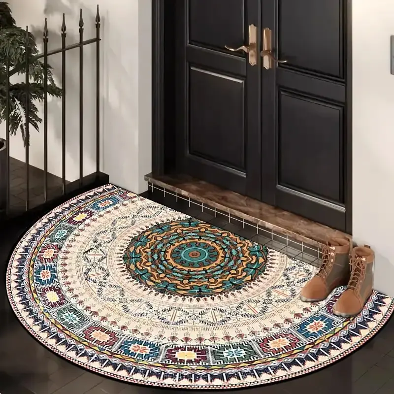 Half Round Door Mat, Doorway carpet, Abstract area rugs, Boho Floral Rug, retro print patterns, Abstract art line design Bohemian style rug, Easy-to-clean and durable doormat, Decorative rug mat, Suitable for home entrance, living room, bedroom