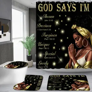1/4 piece black and gold African-American prayer female pattern shower curtain set, waterproof shower curtain with 12 hooks, non-slip bathroom carpet, toilet U-shaped cushion, toilet seat cover cushion, bathroom shower curtain set, perfect moving gift.