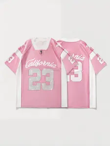 Men's Pink California 23 Rhinestone Graphic Football Jersey | Y2K Streetwear Oversized V-Neck Sports Tee with Sparkle Print for Daily Casual Street Style