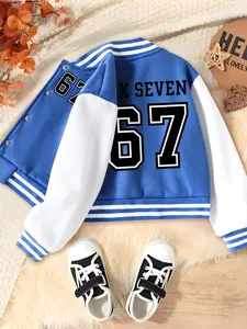 Boys' Spring & Fall Letter Print Baseball Jacket, Casual Sporty Outerwear, Comfortable Micro-Elastic Fabric, Perfect Gift for Christmas