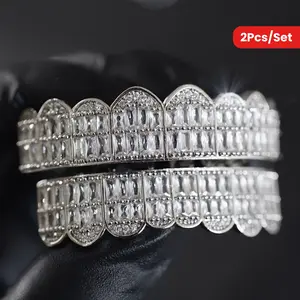 2 pcs/set [Vampire Teeth Grillz] 2pcs/set Full Zirconia Teeth Grillz |   Top & Bottom CZ Grills Dental Hip Hop Vampire Teeth Caps Grill Mouth Body Jewelry Party Oral