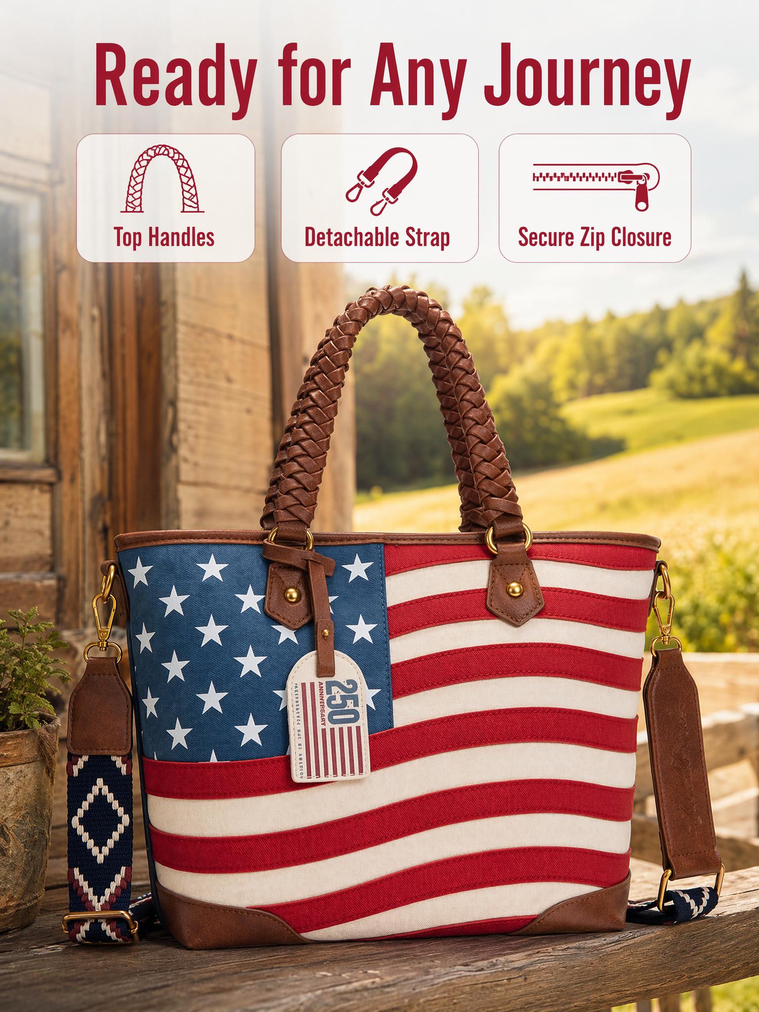 Montana West American Flag Tote Bag for Women Vintage Patriotic Western Shoulder Purse with Braided Top Handles