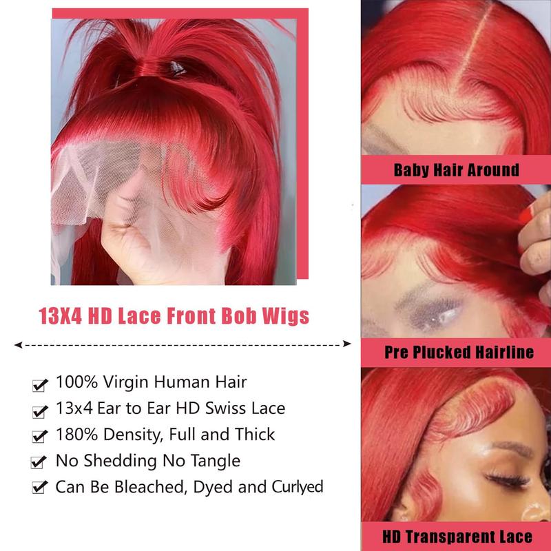 GK Red Bob Wigs Human Hair Red 13X4 Bob Lace Frontal Wigs Human Hair for Women 180% Density Wear and Go Glueless Wig Blunt Cut Straight Short Bob Wigs Pre Plucked With Baby Hair 10 Inch