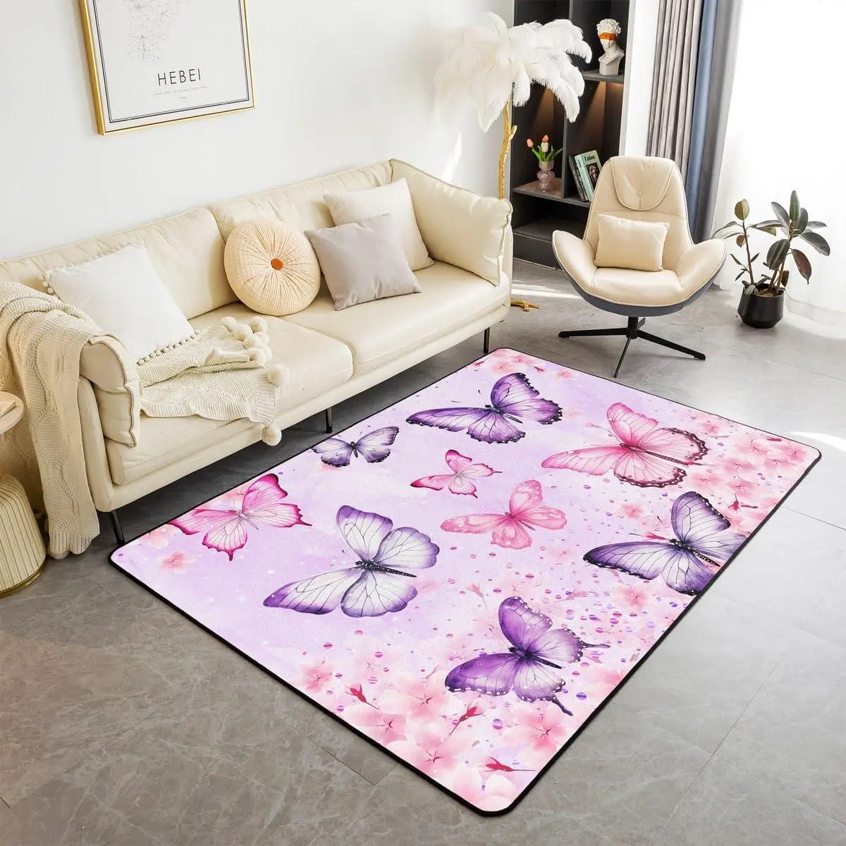 Pink Purple Butterflies Area Rug Pastel Cherry Blossom Rug for Girls Boys Kids Adult Wild Butterfly Carpet for Living Room Botanical Flower Non Slip Washable Decorative Rug