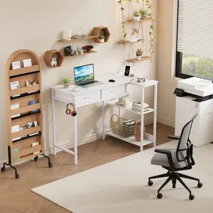 40 Inch Gaming Desk with Power Outlet, l Shaped Computer Gaming Table with 3 Tiers Storage Shelves & 2 Drawers, Escritorio with Headphone Hook, Corner Gamer Desk for Small Spaces, White