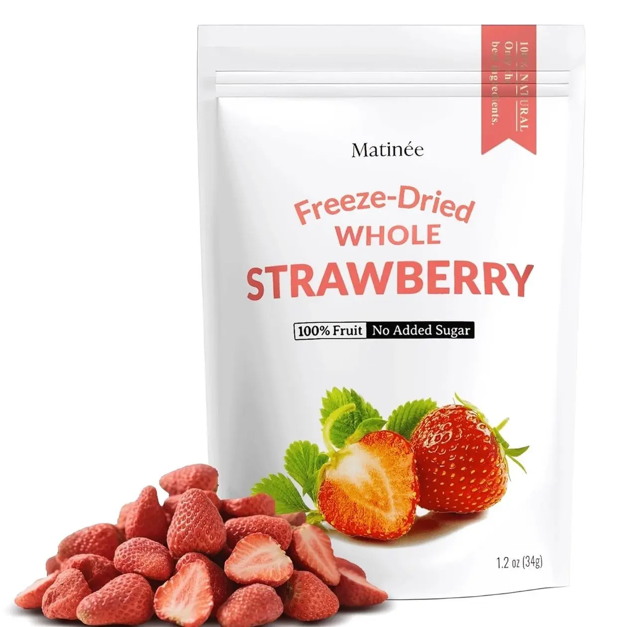 MATINÉE Freeze Dried Strawberries, Whole Dried Strawberries, Dehydrated Fruit, Dried Fruit Snack for Baking, Yogurt & Kids Treats-Vegan, Non-GMO, Preservative Free, 1.2oz, 34g (Pack of 4 Bag)