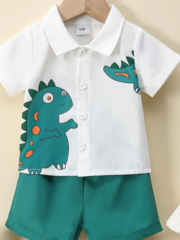 Toddler Baby  Clothes Shorts  Dinosaur Print Shirt Short Sleeve Button Down Top Solid Shorts Summer Outfit 2-piece boys set easter Cute Casual