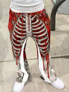 Dark Gothic style Graphic skull print Fitted casual pants, graffiti style lines, Geometric patterns and splattered ink texture, in line with cyberpunk/wasteland aesthetics, European and American high street Fashion style retro flared pants