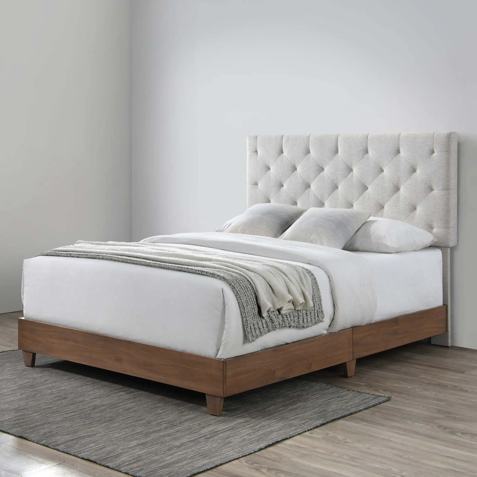 Modway Rhiannon Diamond Tufted Upholstered Fabric Queen Bed in Walnut Beige