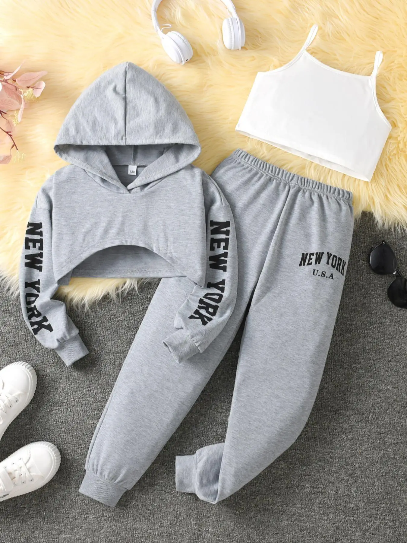 Three-piece Set Girl's Letter Print Hoodie & Elastic Waist Sweatpants & Cami Top Set, Casual Long Sleeve Hooded Sweatshirt & Jogger Pants & Crop Cami