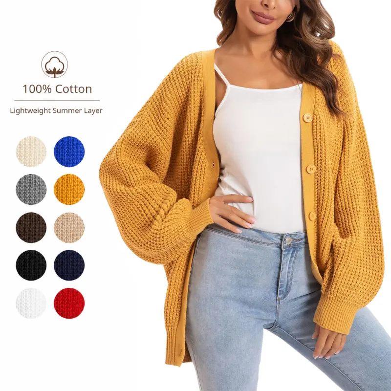 QUALFORT Women's Oversized Cardigan Sweater, Slouchy Cotton Knitwear with Lantern Sleeves, Casual Button-Down Long Sleeve Top, Baggy, Outfits, Plussize, Sweaters, Long Sleeve Tops