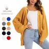 QUALFORT Women's Oversized Knit Cardigan, Basic Cute Long-Sleeve Slouchy Cotton Button-Down with Lantern Sleeves, Baggy Plus Size Women's Clothing for Back to School Outfits