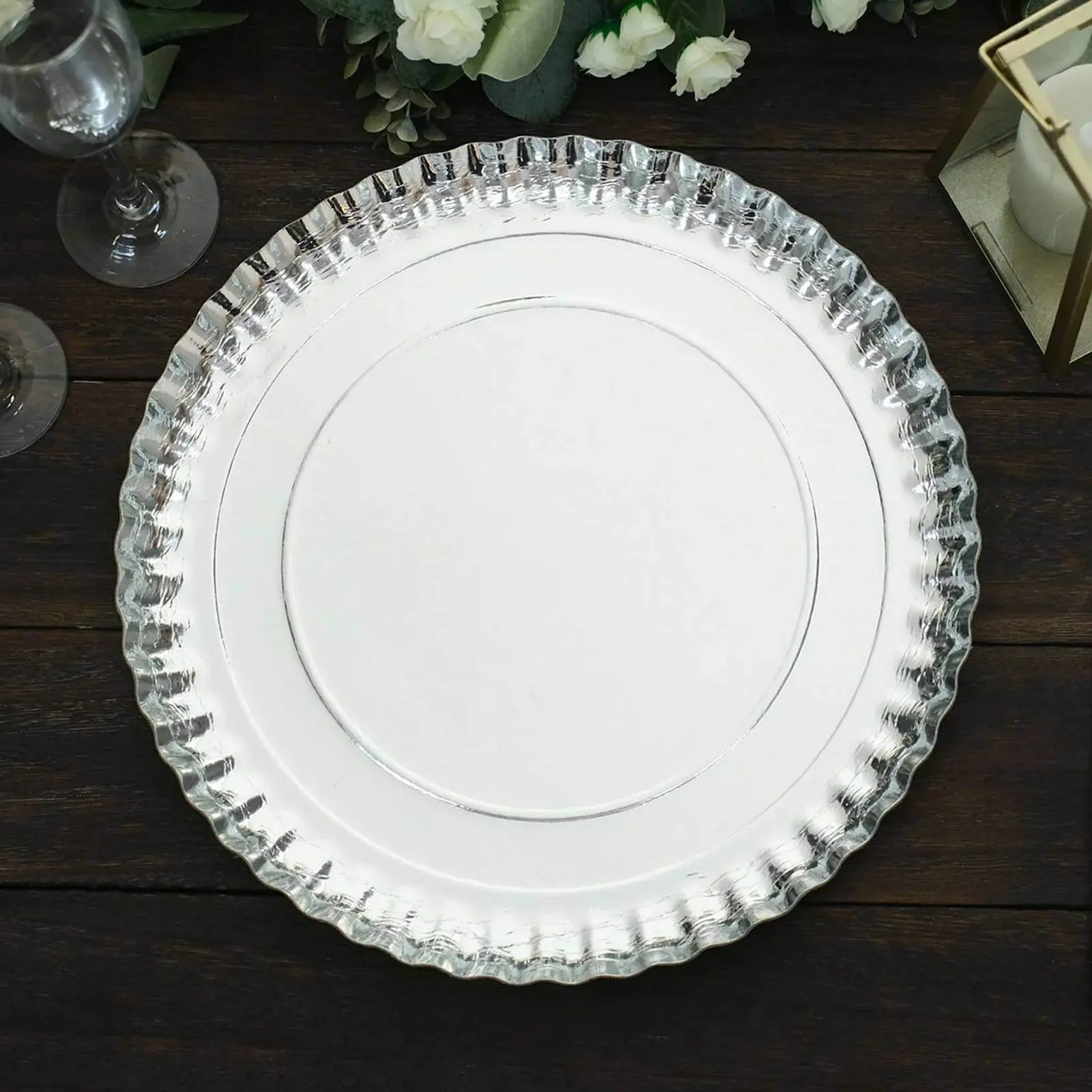 10-Pack Paper 13" Round Charger Plates in Silver with Scalloped Rims - Heavy Duty Disposable 1100GSM Serving Trays for Glam Events & Wedding Receptions