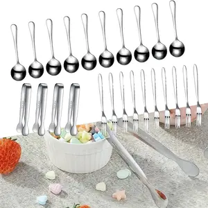 10pcs Circular spoons, 4 mini service tongs, and 10 appetizer forks made of stainless steel, Elegant afternoon tea utensils, suitable for daily family and party use