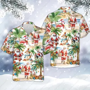 Tropical Christmas Hawaiian Shirt for Men Women, Santa Flamingo Palm Tree Aloha Shirt, Funny Holiday Beach Button Down, Xmas Party Gift