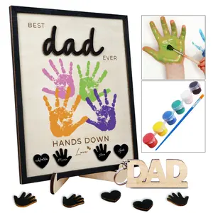 Hands Down Best Dad Ever Frame with Paint, Dad Key Chain Birthday Father's Day Gift for Daddy, DIY Family Handprint Engraved Plaque, Gift for Him