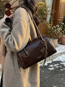 Women's PU Fabric Shoulder Bag, Pu Tote Satchel, Fashionable Vintage Style Handbag, Dual Handle Strap Design, Zip Closure, Ideal for Office, School, Work, Travel