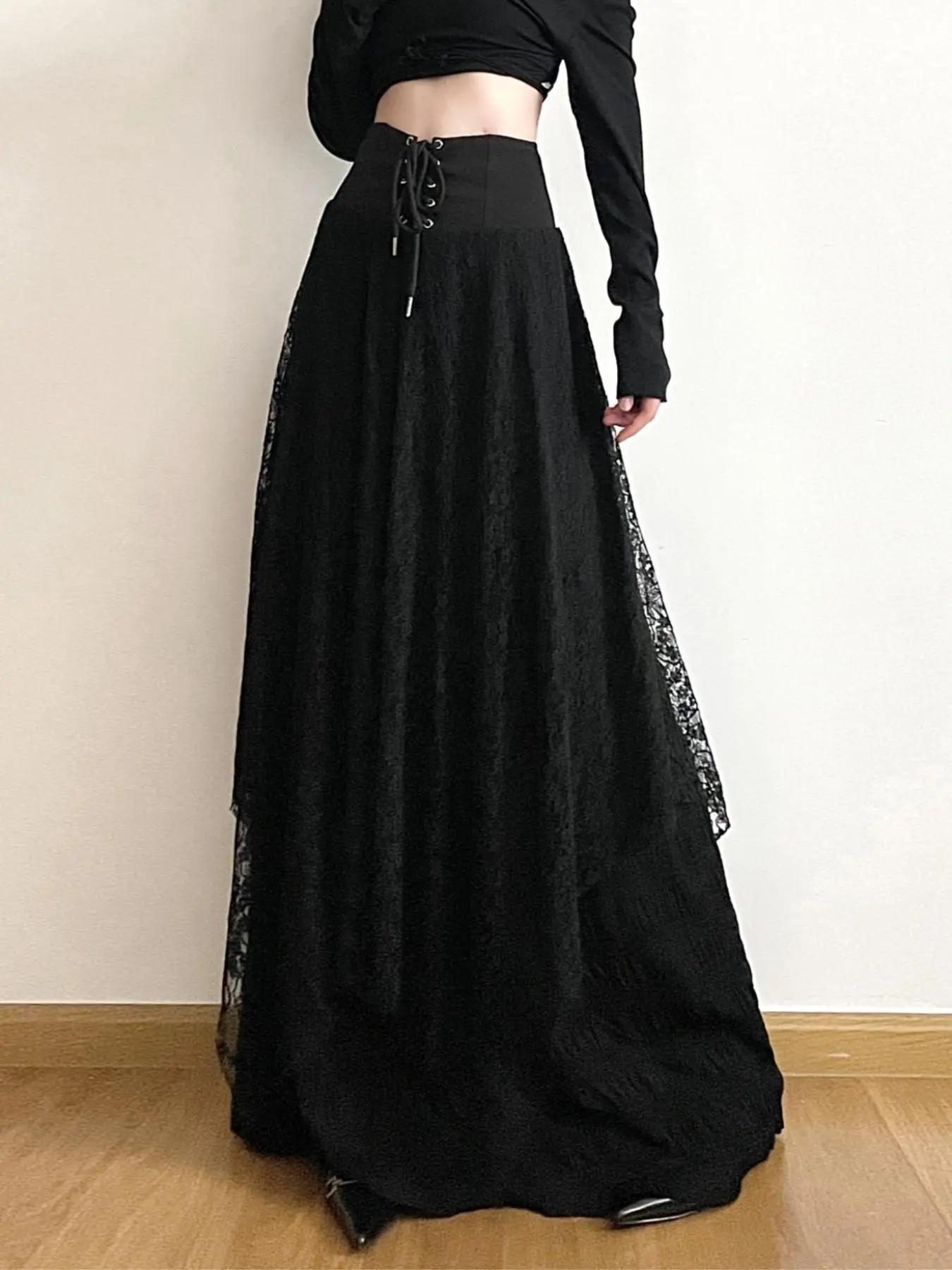 Vintage Slimming High Waist Skirt for Women, Y2K Style Lace-Up Detail Long Dress, Lace Layered Skirt, Tiered Layer Design, All Seasons Fashion, High Waisted Skirt