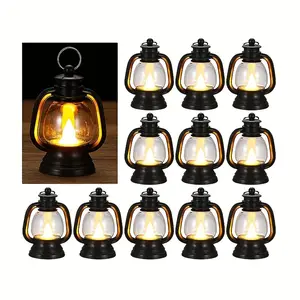 New 24 Pack Mini Lantern With Flickering LED Candle 4" Vintage Candle Lanterns Hanging Decorative Perfect For Centerpiece Halloween Western Party Christmas Tree Decorations Round Plastic