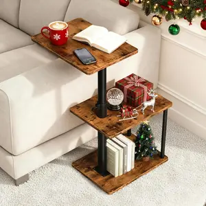 360 °   Swivel Side Table for Height Adjustable, C Shaped End Table for Couch with Storage, 3-Tier Night Stand with Open Shelf, Tv Tray for Small Spaces, Living Room, Bedroom, Rustic Brown