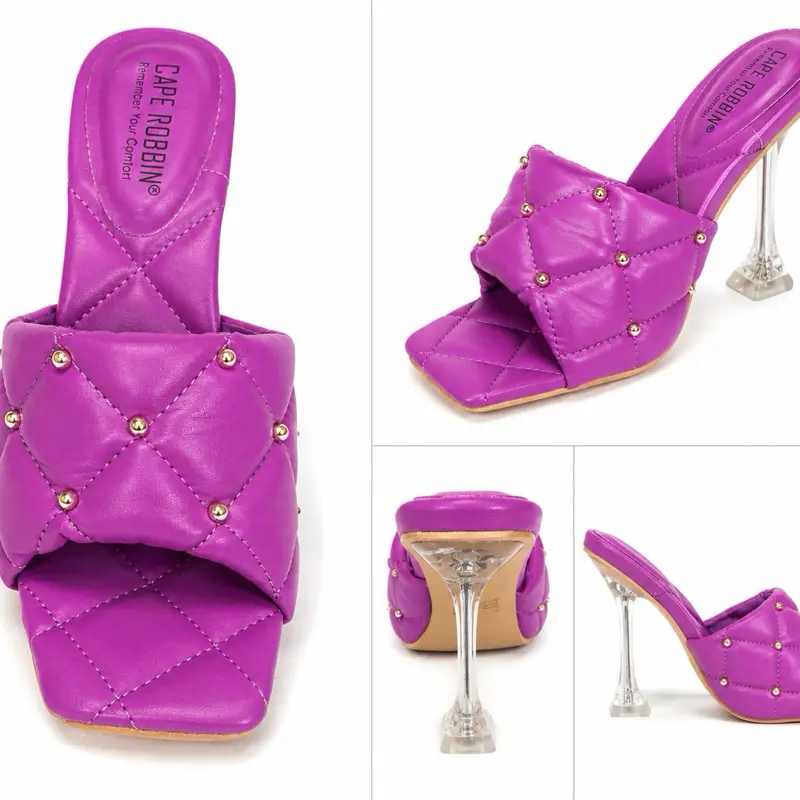 Cape Robbin Women’s Quilted Studded Clear Heel Sandals – Multiple Colors & Sizes