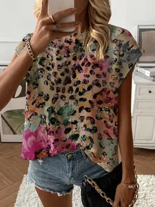 Summer Round Neck Short Sleeve Knit Top, Leopard Print Casual Wear, Women's Loose Fit Sweater, Perfect for Daily Use & Leisure, Knitwear, Womenswear