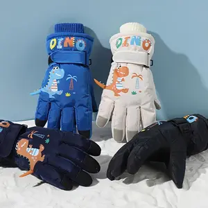 &1 Pair Kids Ski Gloves with Dinosaur & Plush Wrist Warmers - Thermal Winter Gloves for Boys & Girls, Snow Gloves with Dino Hand Warmers (ges 4-8) - Blue/White/Black, Hand Washable for Skiing, Snowboarding & Outdoor Play, Winter Clothes For Boys, Snow Mit