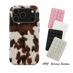 4PC Silicone Suction Phone Case Mount, Brown & White Cowhide Phone Case -Western Cow Print iPhone17Pro max 16 .15,14,13,12  Case,Shockproof and anti-drop phone case, smart protective case
