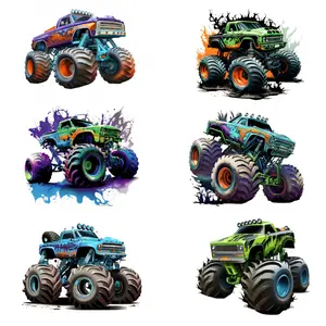 6 Pack Colorful Detailed Monster Truck Iron on Patches Creative Heat Transfer Stickers for T Shirts Jeans Backpacks Durable Paper Material