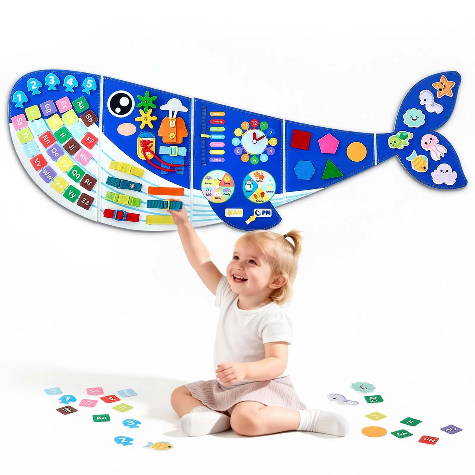 VEVOR Felt Wall Busy Board 12-in-1 Whale Foldable Montessori Activity Toys, Travel Daycare, Classroom, Playroom, Home, Educational Sensory Panel, with Numbers Letters Animals Shapes Learning Pieces
