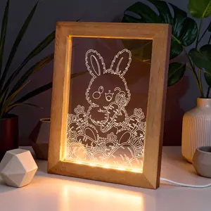 Cute Rabbit & Carrot LED Night Light Acrylic Photo Frame | Cute Animal Nursery Decor, Aesthetic Mood Light Gift for Bedroom, Soft Warm Glow, USB Power