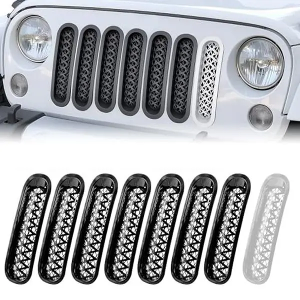 【Yzona】Grill Inserts Black, Front Mesh Grille Cover Compatible with 2007-2018 Jeep JK Wrangler & Unlimited Wrangler Accessories, Car Grill Mesh (7PCS Black + 1PCS White)