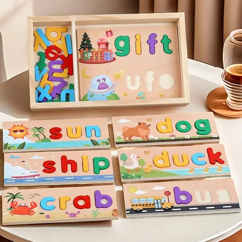 Educational Wooden Puzzle Toys, Montessori Puzzles Gift, Creative Puzzle | CVC Word Puzzle Board for Early Childhood Learning Activities, designed to support letter recognition and spelling skills, Ages 4+, Includes wooden letter block