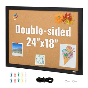 Double-Sided Cork Board, 24x18in Smooth Pinhole-Free Bulletin Board with MDF Sticker Frame, Wall-Mountable Display Space, 10-Piece Pushpins Set Included for Office Use