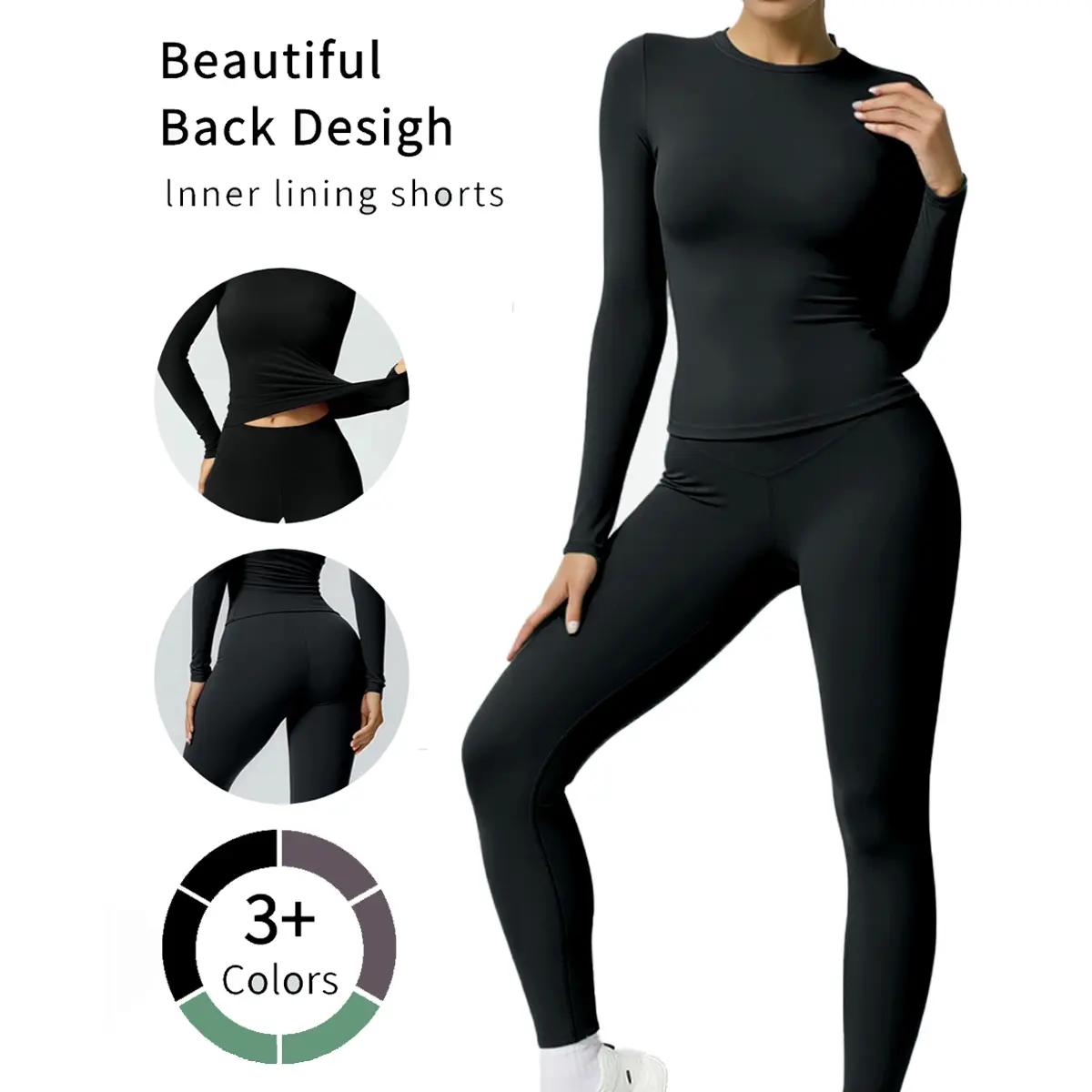 Women's two-piece long sleeved set, slim fit T-shirt, high waisted elastic leggings, casual matching, long sleeved slim fit jogging set, basic leggings, breathable and warm, can be used as a base coat