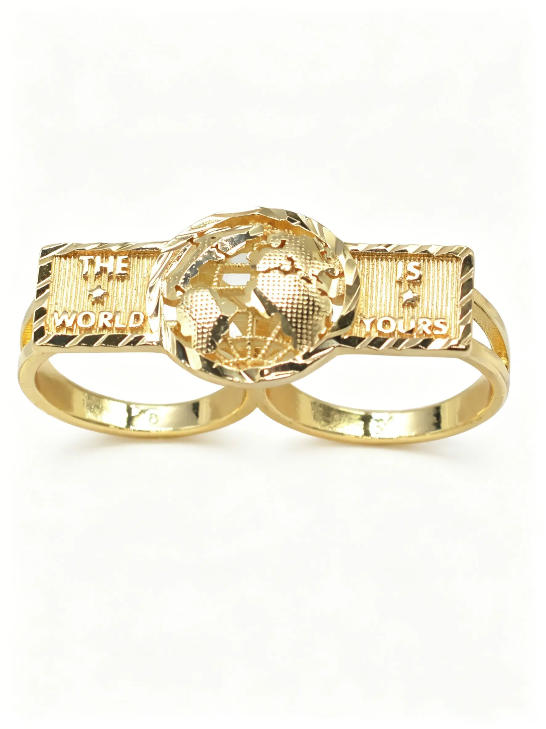 14k Gold-Plated Earth Nugget Two-Finger Ring, Unisex Punk Style Jewelry for Daily Wear, Graduation and Father's Day Gifts