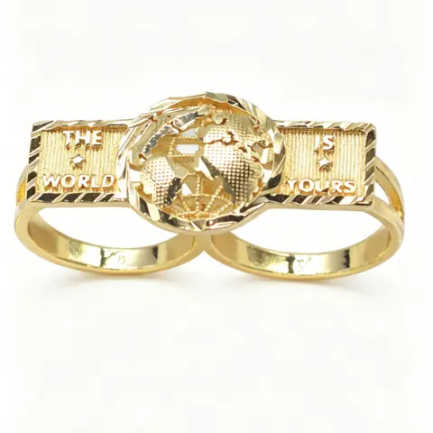 14k Gold-Plated Earth Nugget Two-Finger Ring, Fashion Rings, Unisex Punk Style Jewelry for Daily Wear, Graduation and Father's Day Gifts