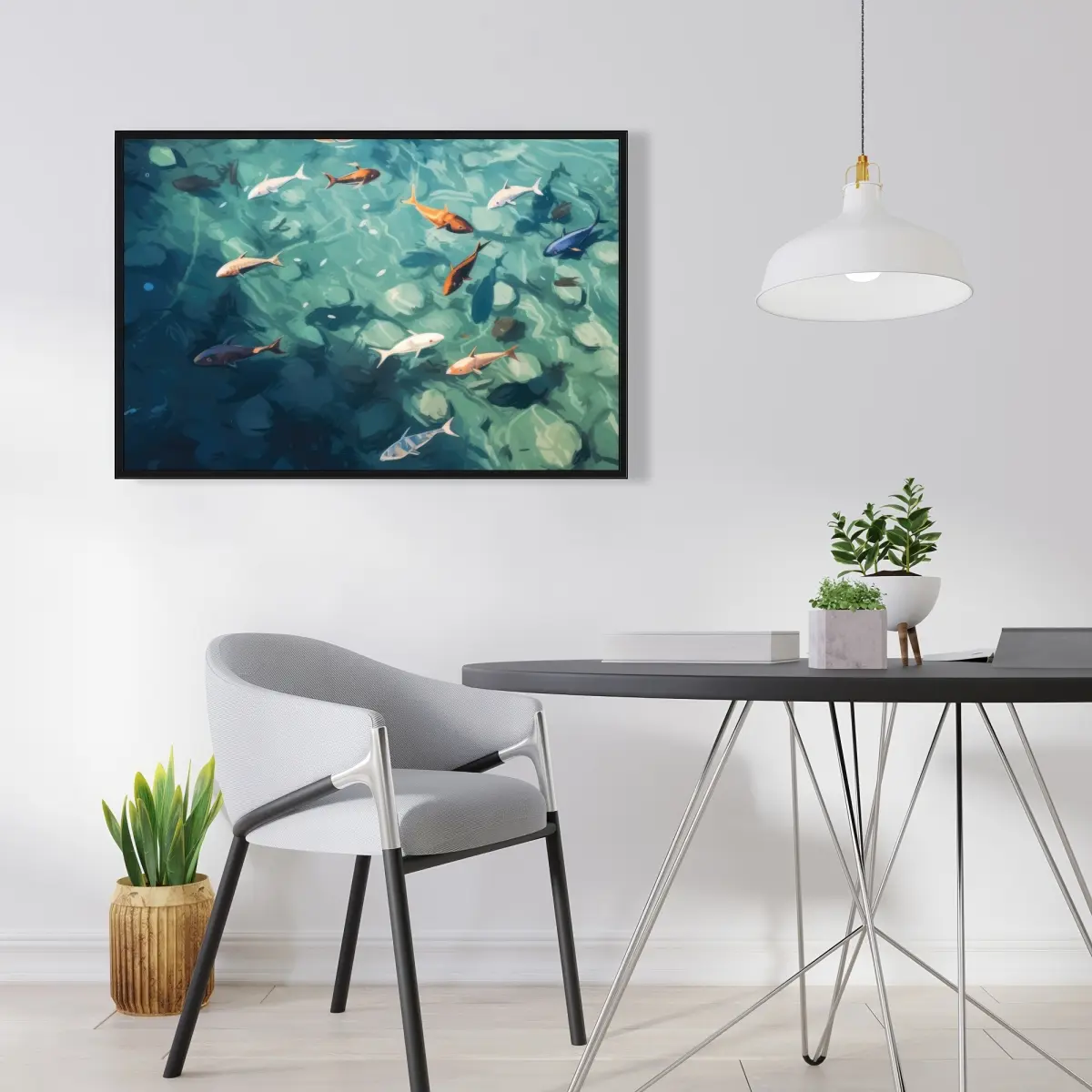 Pictorem C1FC2436K2G7CK 24 x 36 in. Caustic Fish - Beige Framed Canvas Wall Art - Home Decor Art Piece
