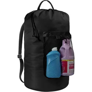 Laundry Bag with Shoulder Straps and Mesh Pocket Laundry Backpack Large Portable Laundry Hamper for College Travel, Laundromat, Apartment (Black)