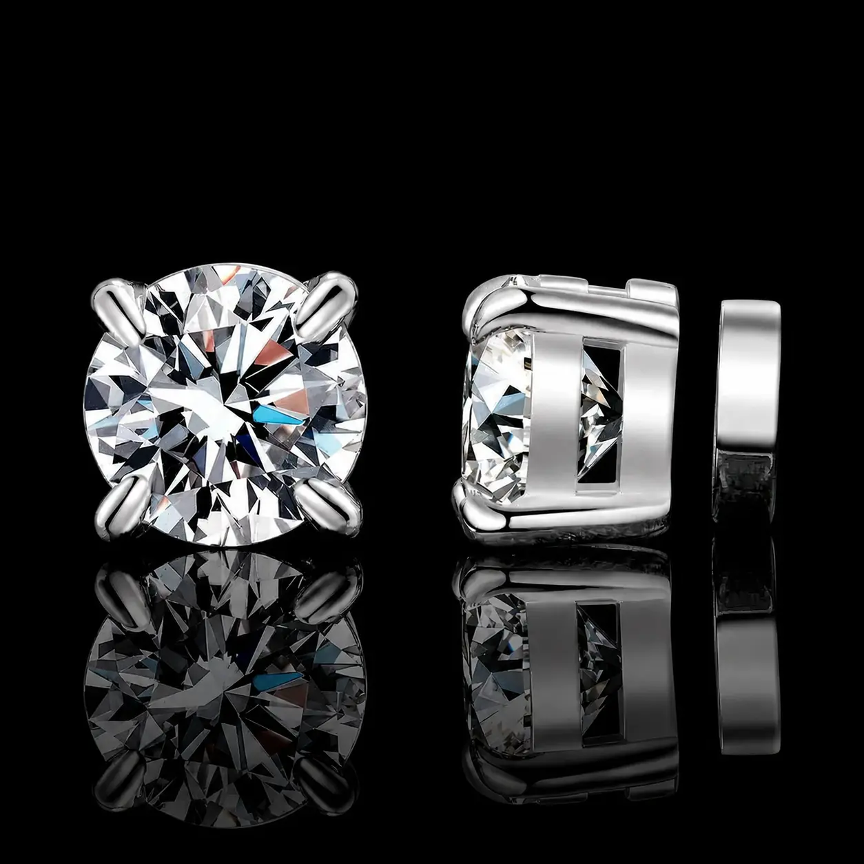 Stainless Steel 4-Prong Round CZ Magnetic Stud Earrings, Unisex Non Piercing Diamond Magnet Studs,  Ideal Gift for Husband, Wife, Him & Her