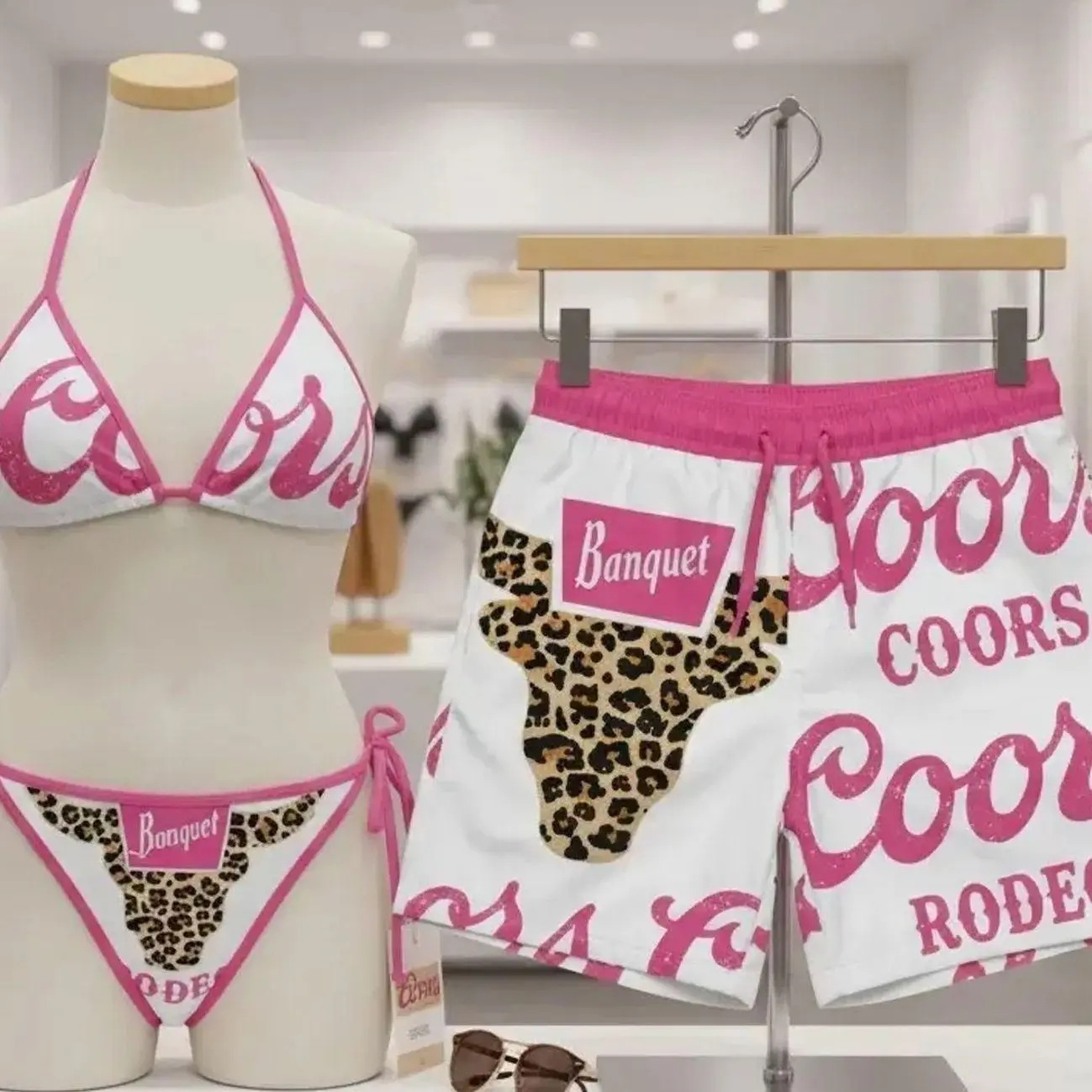 Collection Coors Swimsuits For Couples - Swim Bra & Tie Side Thong Bikini + Men's Beach Shorts, Summer Vacation Swimsuit, Hawaiian Short tiktokshopspringglowup R7F X0F