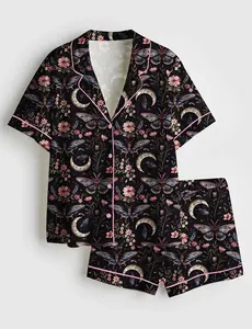 Cute Pajama Sets for Women, Night Garden Mystical Moth Magic Witchy Floral Design, Short Sleeve Satin Pajamas, Summer Sleepwear Set, Pajama Sets Women, Comfortable Sleeping Clothes, Witchy Sleepwear for Her