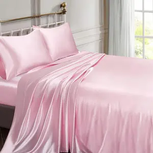 Satin Twin Silky Satin Pink Sheet, 1 Deep Pocket Sheet + 1 Flat Sheet + 1 Pillowcases