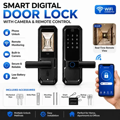 6-in-1 Aluminum Anti-Theft Automatic Wi-Fi Door Lock with HD Camera, Video Doorbell, Handle Deadbolt, Keypad, Anti-Peeking Pin, Tuya App Remote Access, Rechargeable Batteries, Lock Security, for US Standard Front Doors, Airbnb Rentals, Automatic Locks