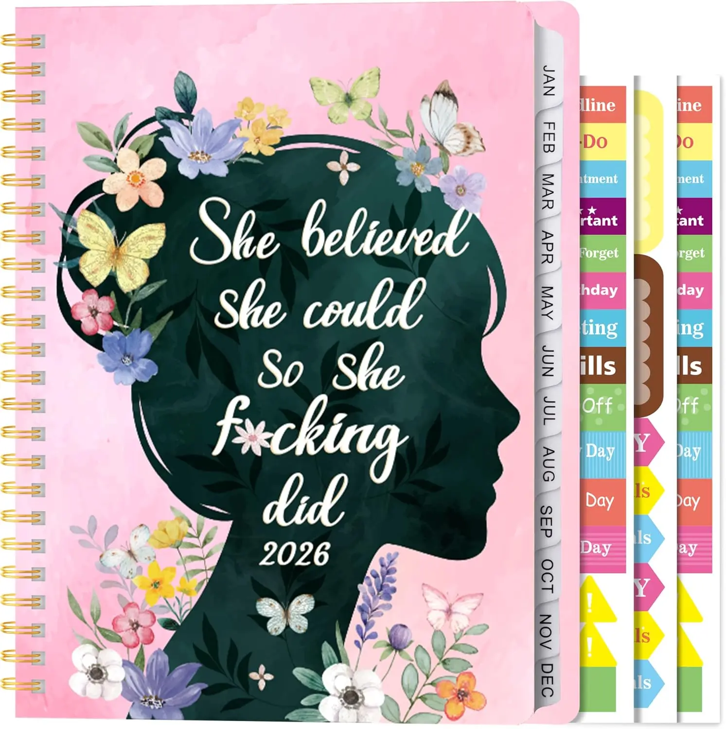 2026 A5 Planner -  Wildflower Sweary Weekly and Monthly Writing Notebooks for Girls Women, Jan. 2026 - Dec. 2026, Hardcover Calendar with Tabs Stickers  Pocket -Wire Binding