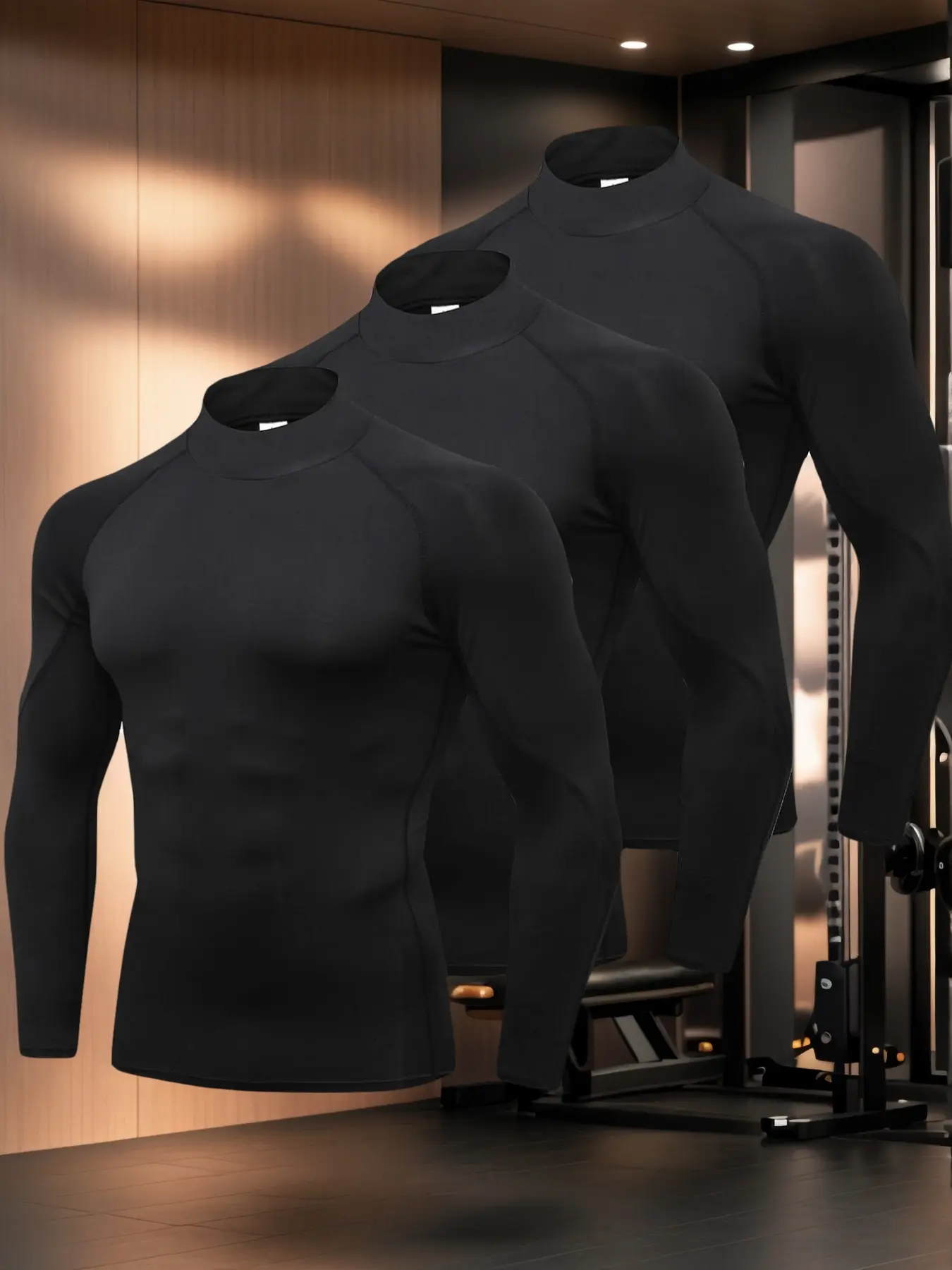 Men's Solid Raglan Sleeve Thermal Underwear Top, Casual High Neck Compression Base Layer T-shirt, Men's Clothes for Fall & Winter